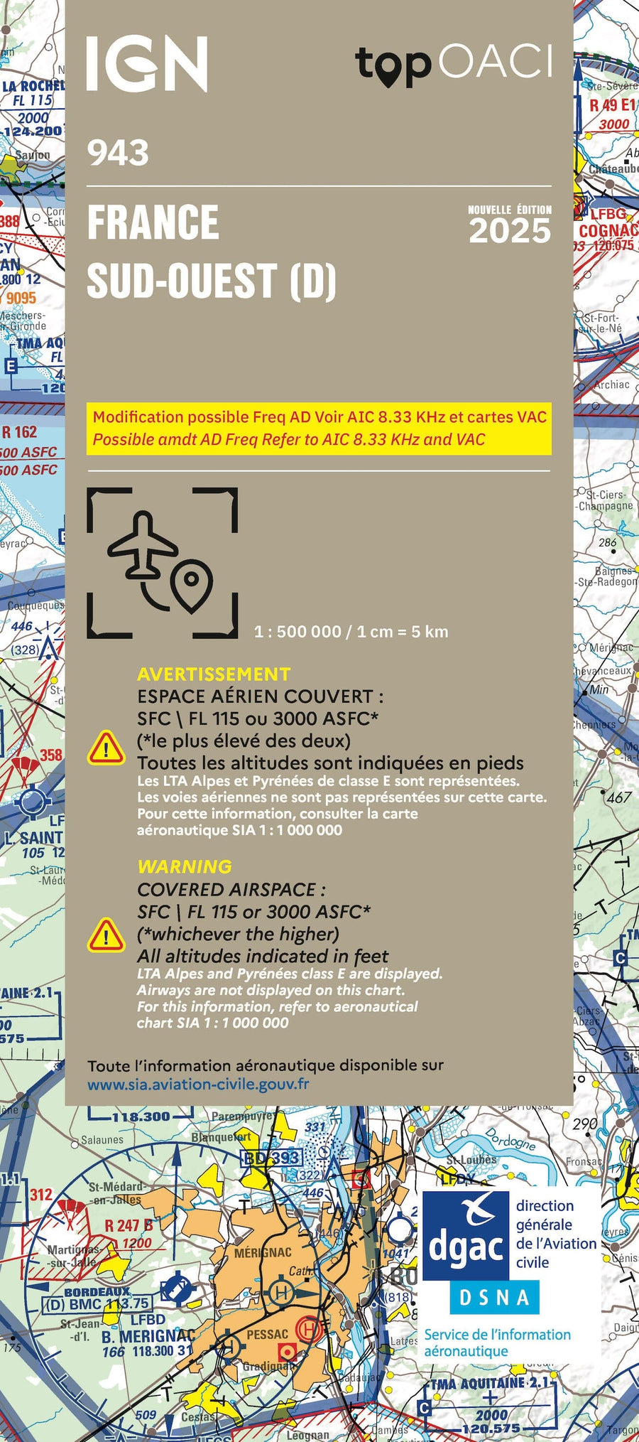 Carte aéronautique OACI 943 - France Sud-ouest 2025 | IGN carte pliée IGN 