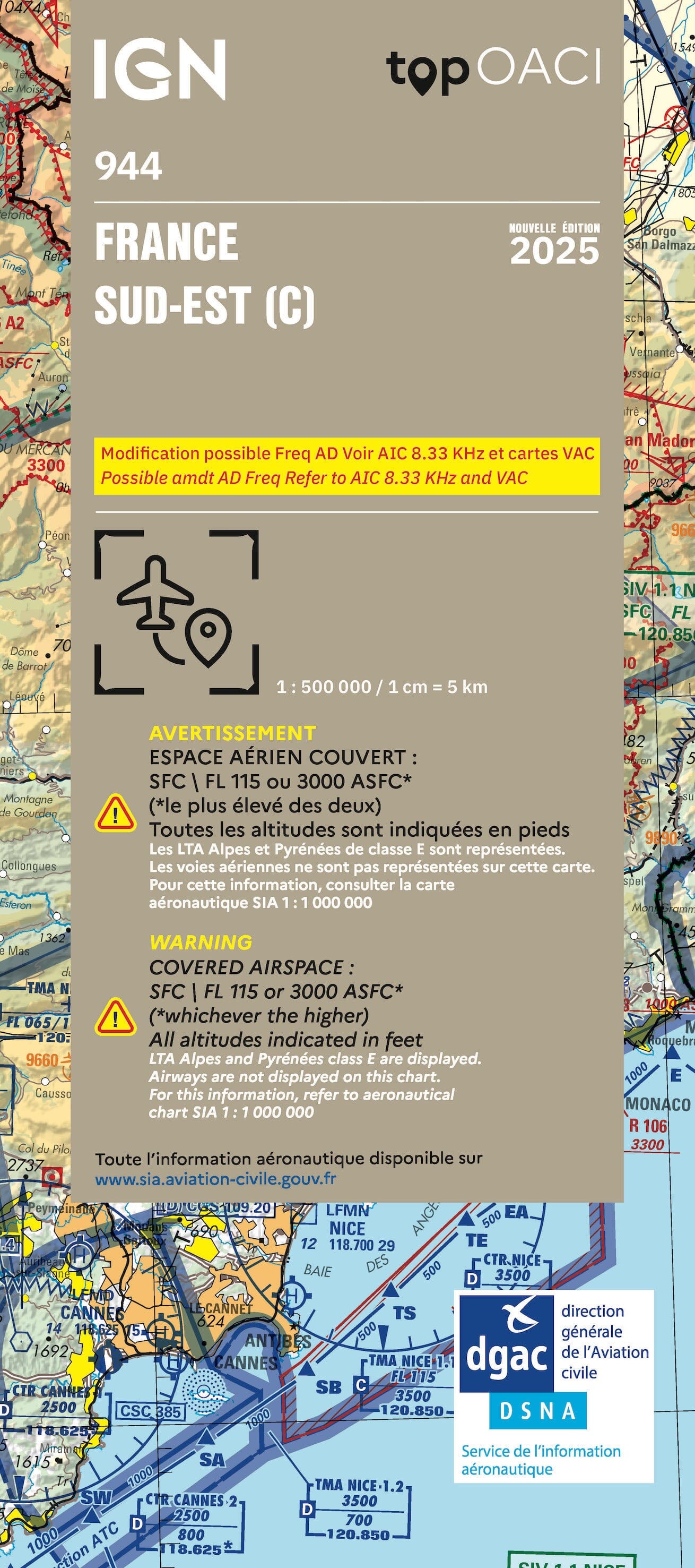 Carte aéronautique OACI 944 - France Sud-est 2025 | IGN carte routière IGN