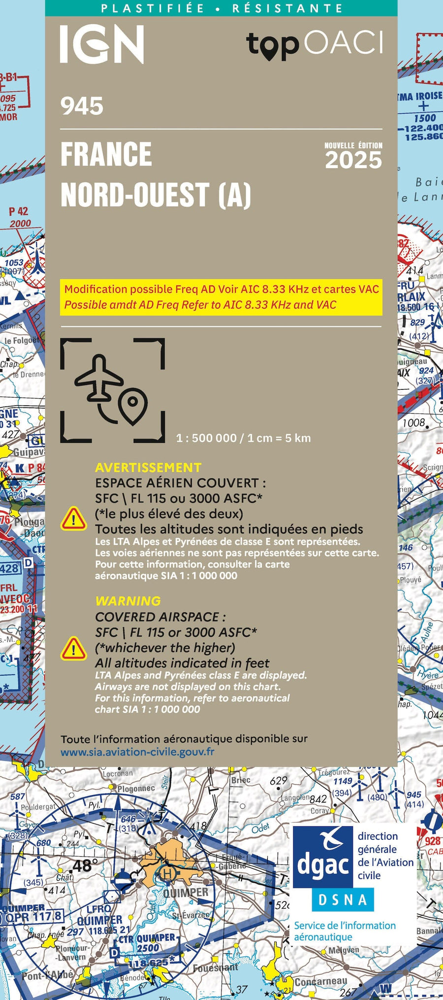 Carte aéronautique plastifiée OACI 945 - France Nord-ouest 2025 | IGN carte pliée IGN 