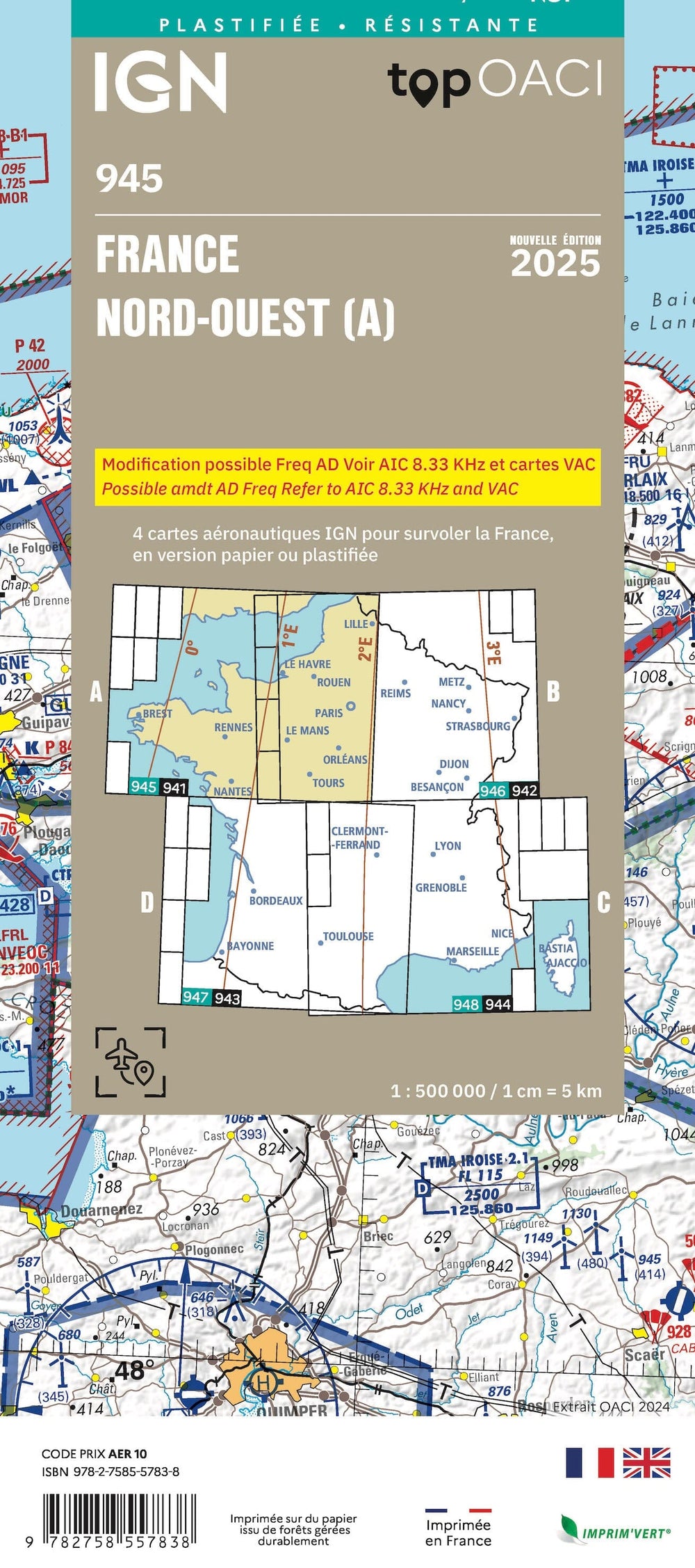Carte aéronautique plastifiée OACI 945 - France Nord-ouest 2025 | IGN carte pliée IGN 