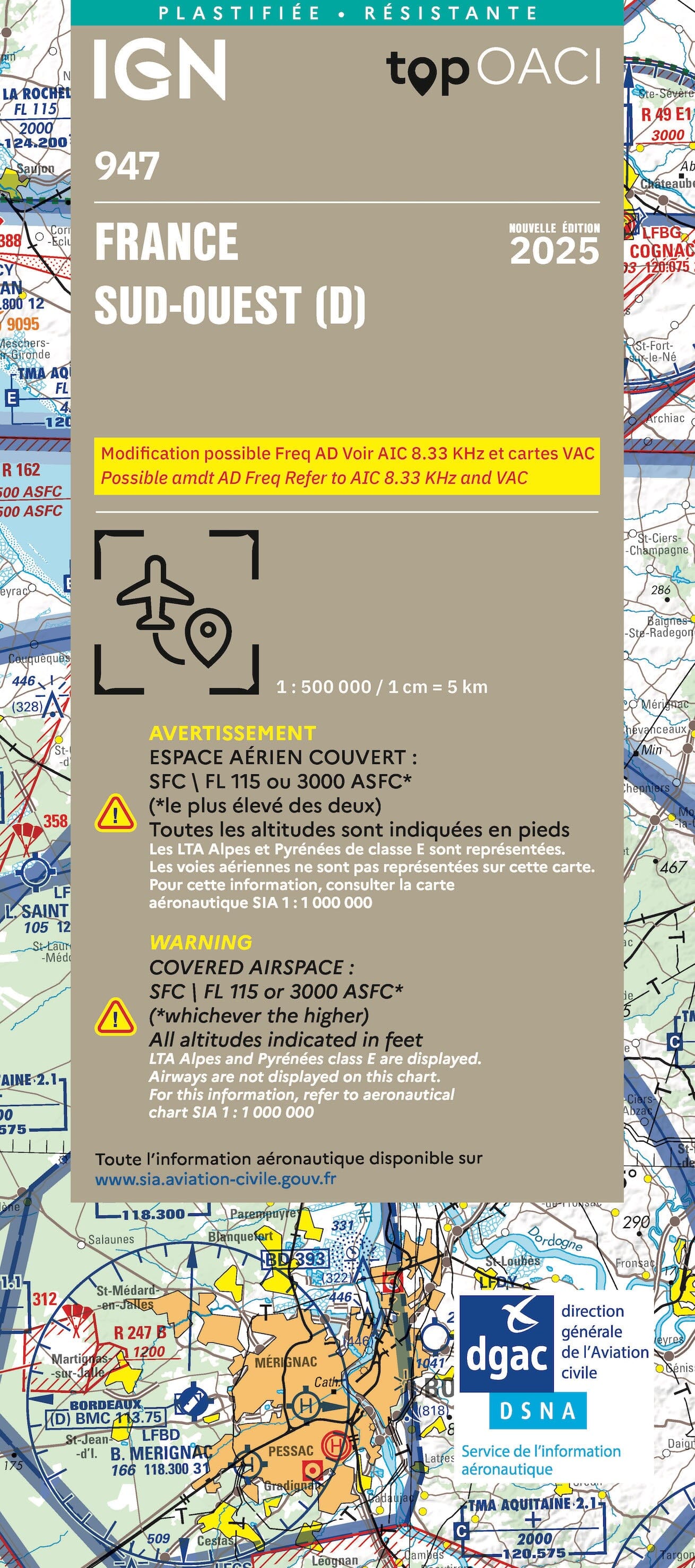 Carte aéronautique plastifiée OACI 947 - France Sud-ouest 2025 | IGN carte routière IGN