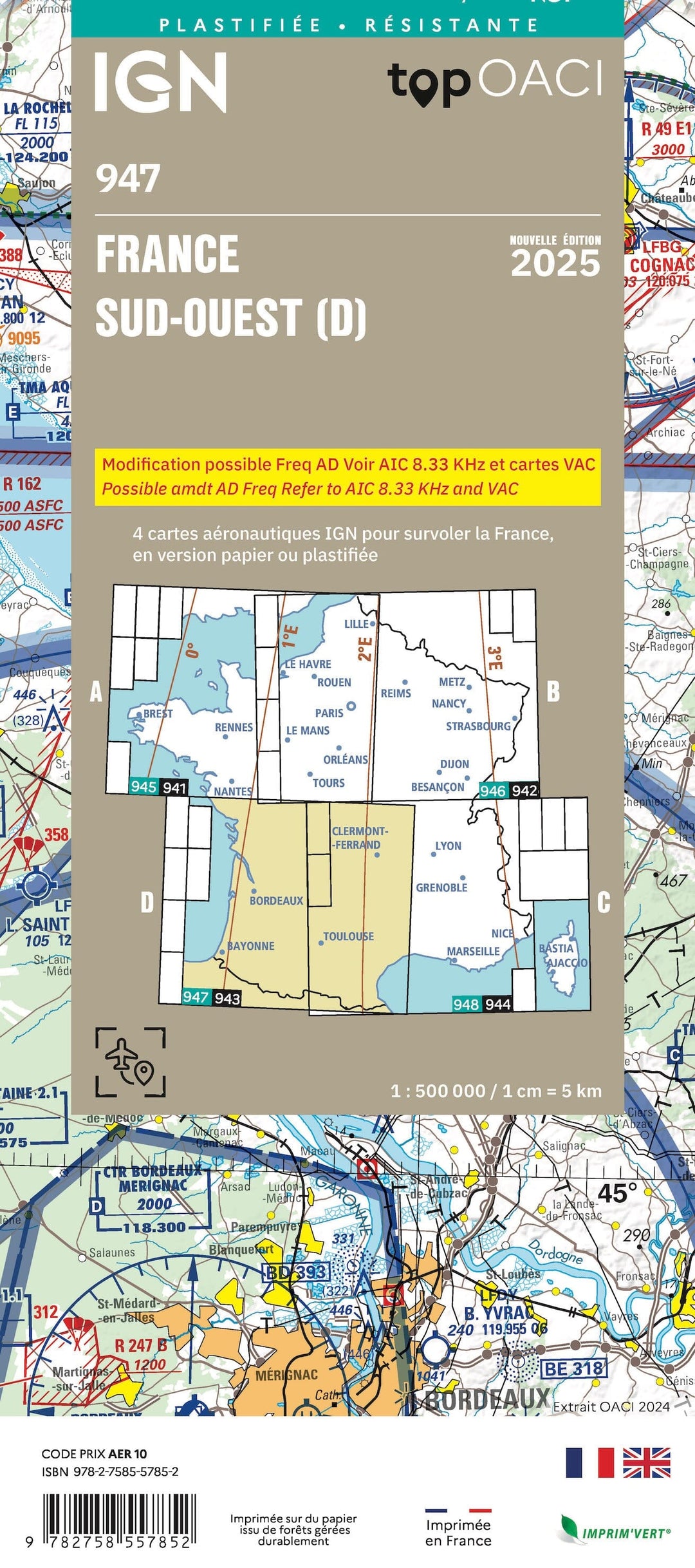Carte aéronautique plastifiée OACI 947 - France Sud-ouest 2025 | IGN carte pliée IGN 