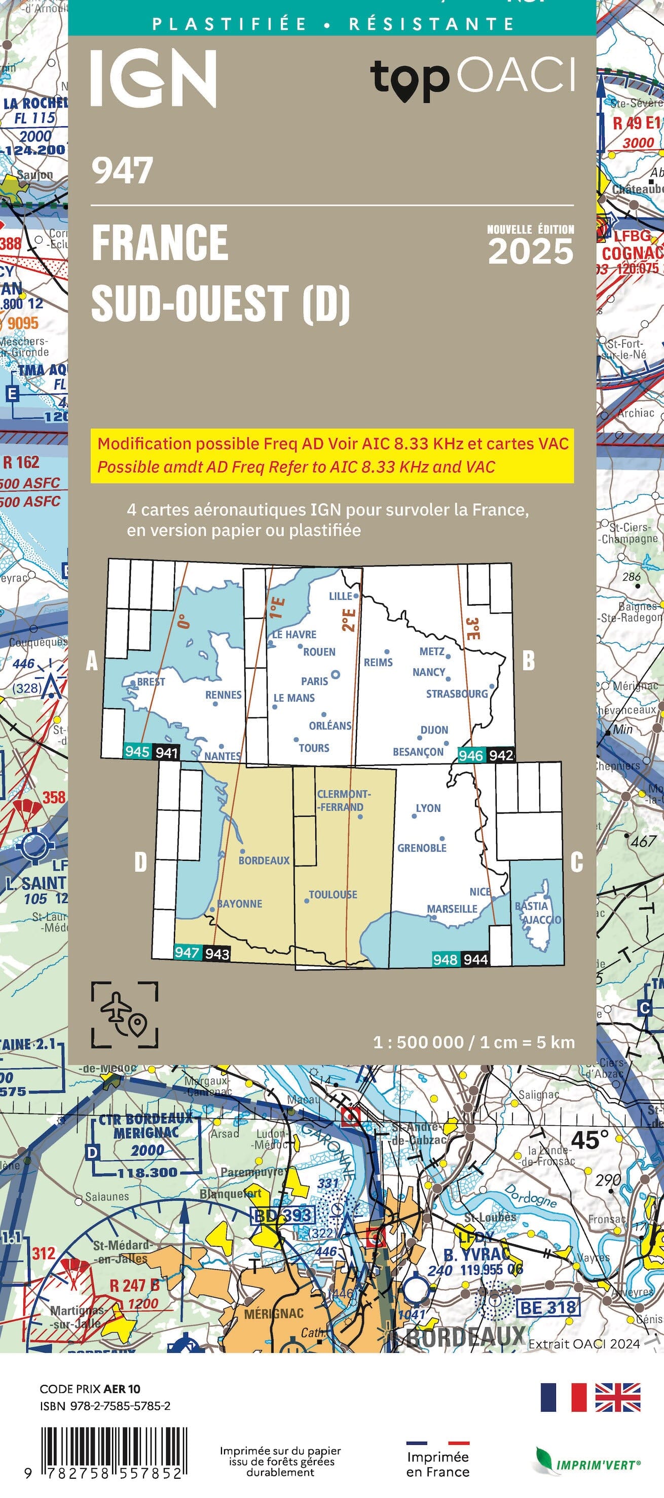 Carte aéronautique plastifiée OACI 947 - France Sud-ouest 2025 | IGN carte routière IGN