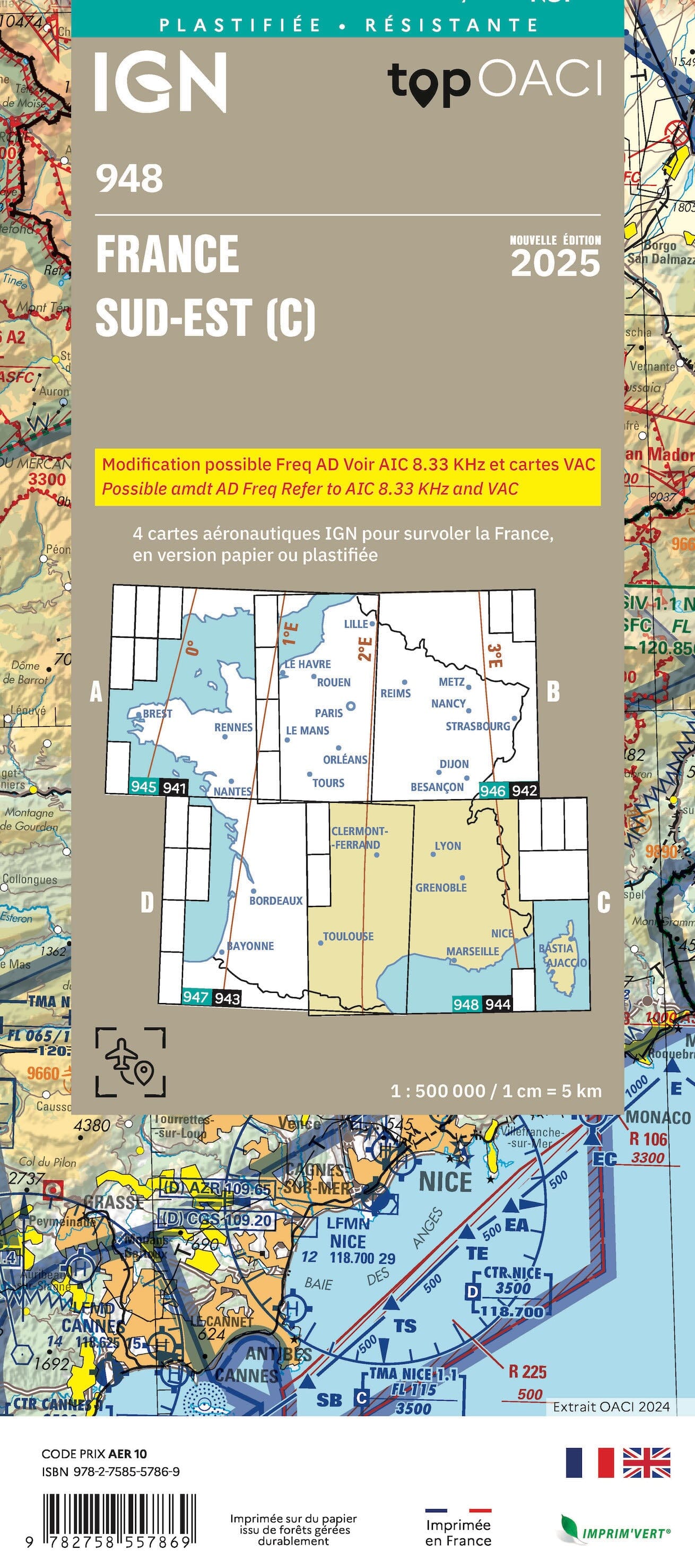 Carte aéronautique plastifiée OACI 948 - France Sud-est 2025 | IGN carte routière IGN
