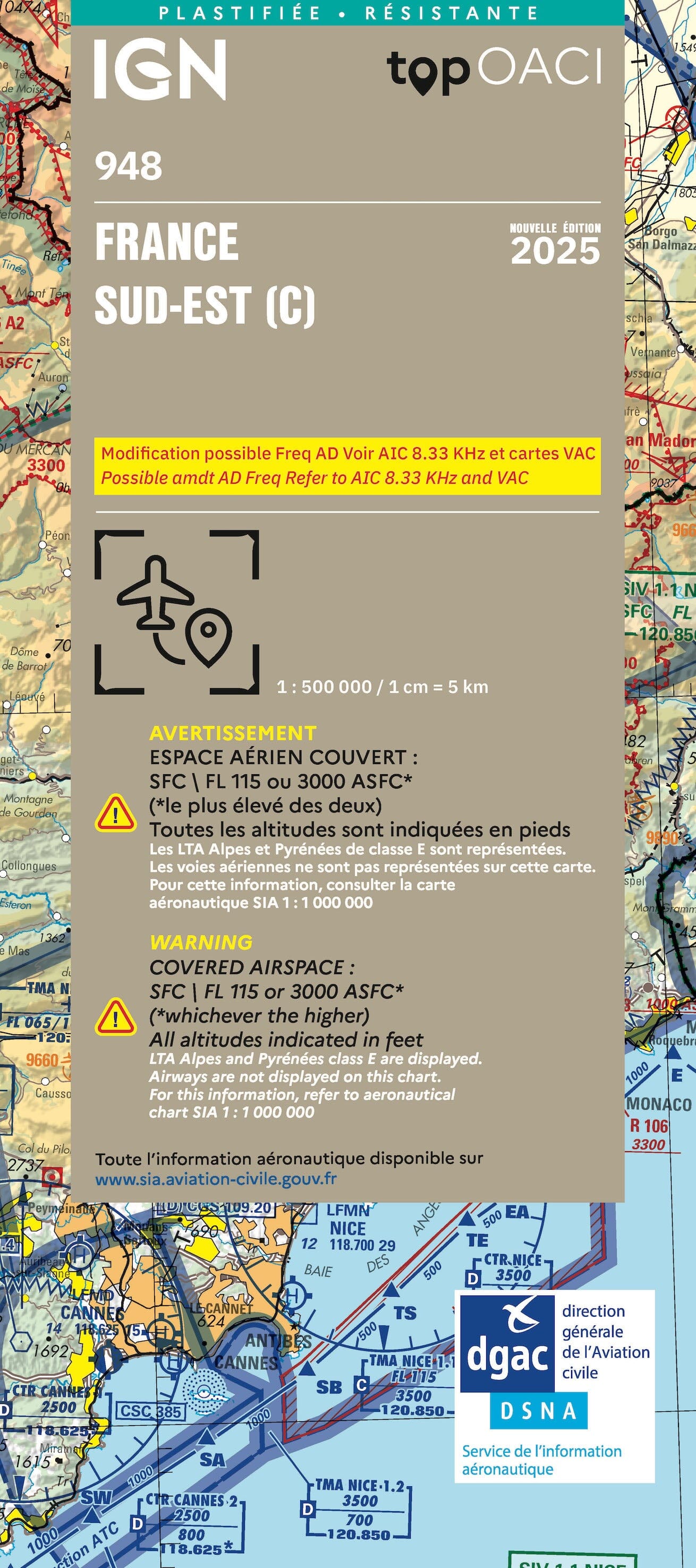 Carte aéronautique plastifiée OACI 948 - France Sud-est 2025 | IGN carte routière IGN