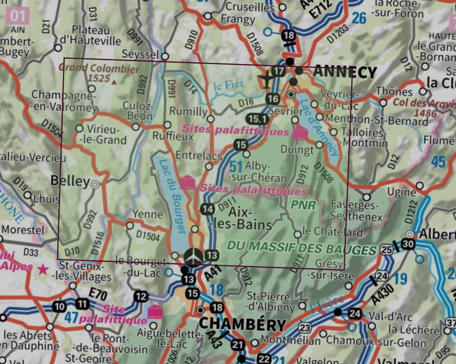 Carte cycliste - Lac d'Annecy et lac du Bourget à vélo | IGN carte cycliste IGN 