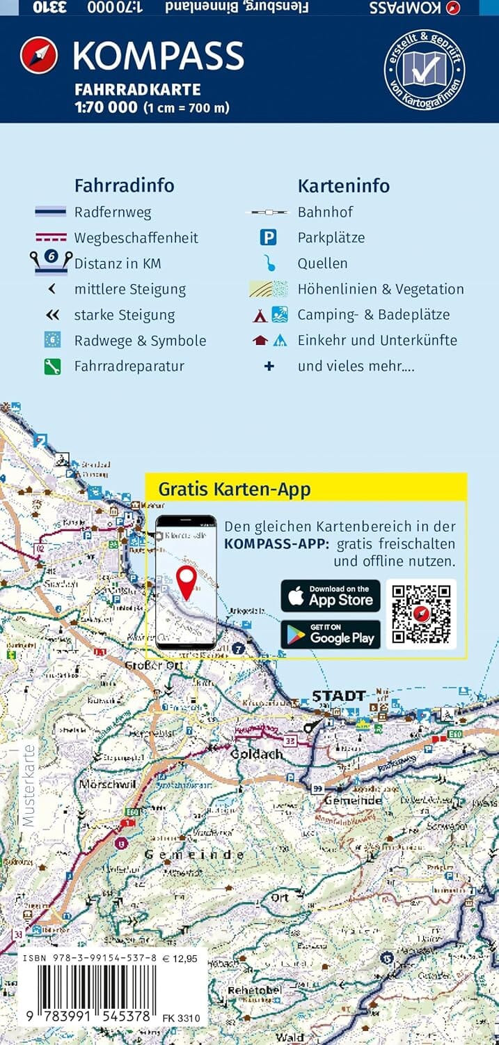 Carte cycliste n° F3310 - Flensburg, Binnenland, Schleswig, Kiel (Allemagne) | Kompass carte cycliste Kompass 