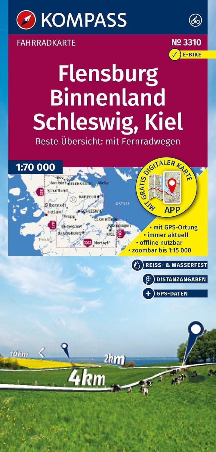 Carte cycliste n° F3310 - Flensburg, Binnenland, Schleswig, Kiel (Allemagne) | Kompass carte cycliste Kompass 