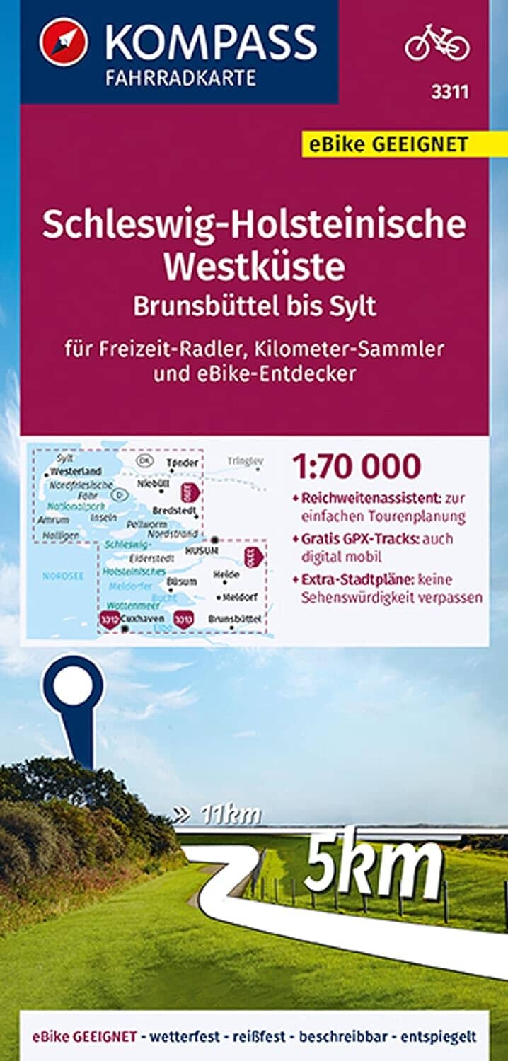 Carte cycliste n° F3311 - Schleswig Holsteinische Westküste, Brunsbüttel bis Sylt (Allemagne) | Kompass carte cycliste Kompass
