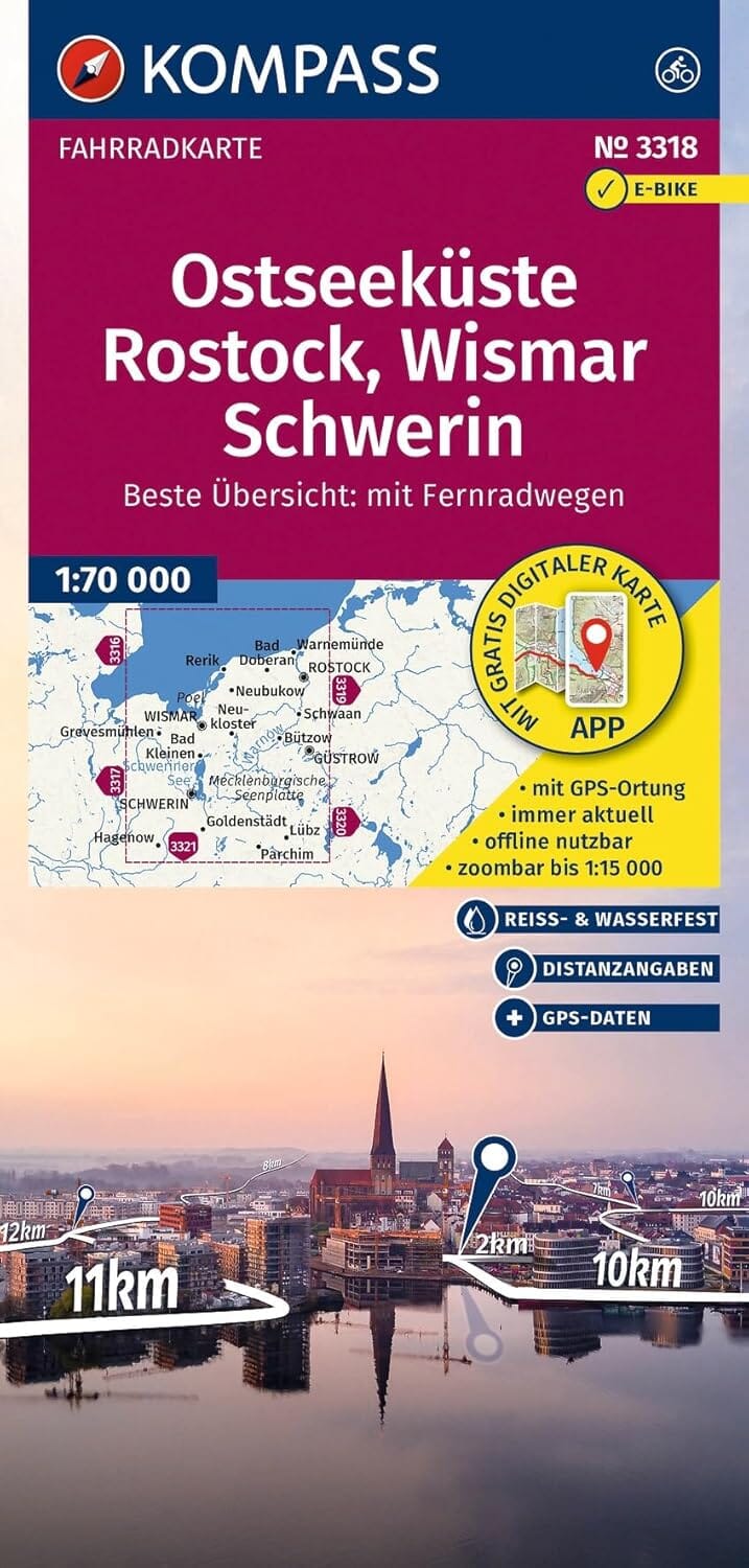 Carte cycliste n° F3318 - Côte de la mer Baltique, Rostock, Wismar & Schwerin (Allemagne) | Kompass carte cycliste Kompass 