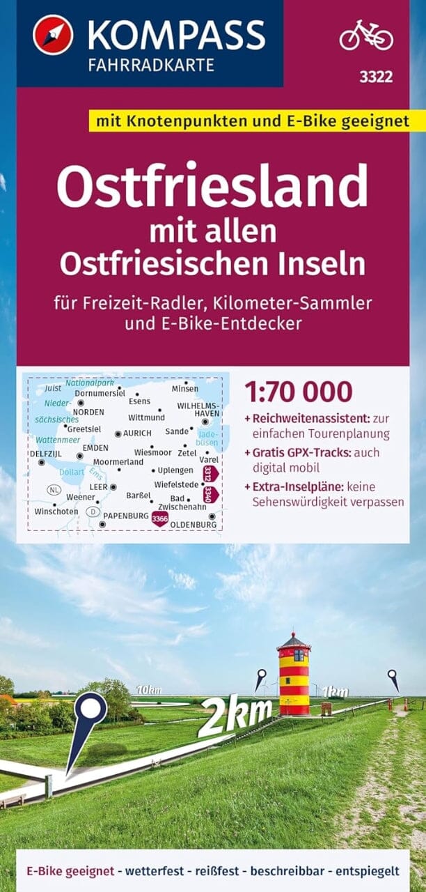Carte cycliste n° F3322 - Ostfriesland mit allen Ostfriesischen Inseln (Allemagne) | Kompass carte cycliste Kompass