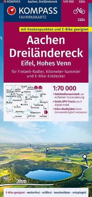 Carte cycliste n° F3324 - Aachen, Dreiländereck, Eifel, Hohes Venn (Allemagne) | Kompass carte cycliste Kompass