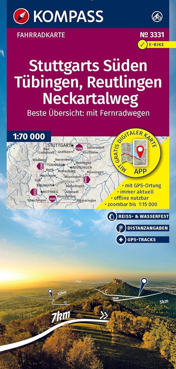 Carte cycliste n° F3331 - Stuttgarts Süden, Tübingen, Reutlingen, Neckartalweg (Allemagne) | Kompass carte pliée Kompass 