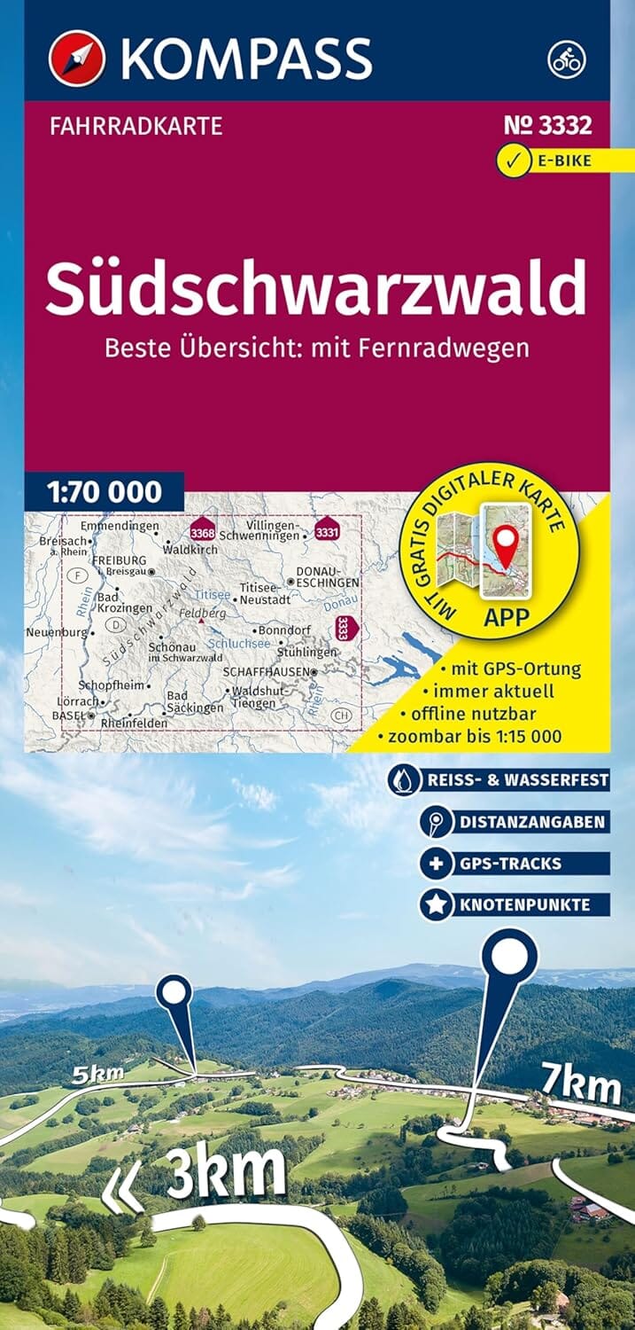 Carte cycliste n° F3332 - Südschwarzwald (forêt Noire Sud, Allemagne) | Kompass carte cycliste Kompass