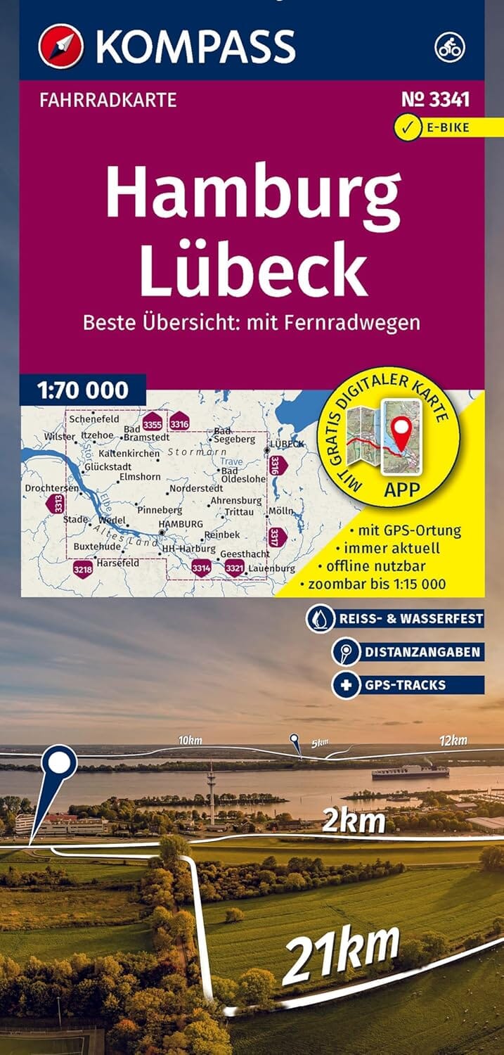 Carte cycliste n° F3341 - Hamburg, Lübeck (Allemagne) | Kompass carte pliée Kompass 