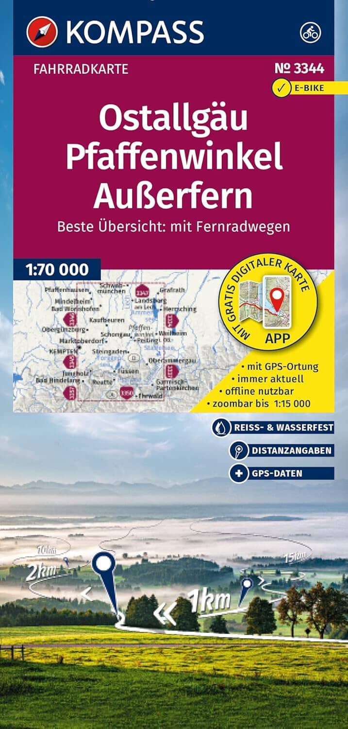 Carte cycliste n° F3344 - Ostallgäu, Pfaffenwinkel, Ausserfern (Allemagne) | Kompass carte cycliste Kompass 