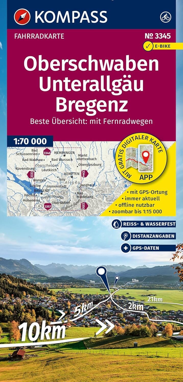 Carte cycliste n° F3345 - Haute-Souabe, Allgäu méridional, Bregenz (Allemagne) | Kompass carte cycliste Kompass