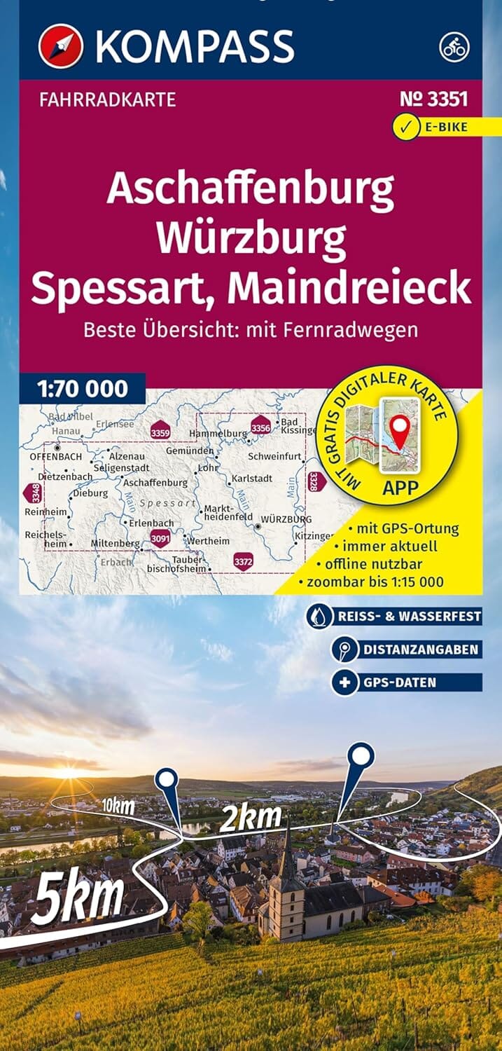 Carte cycliste n° F3351 - Aschaffenburg, Würzburg, Spessart, Maindreieck (Allemagne) | Kompass carte cycliste Kompass 