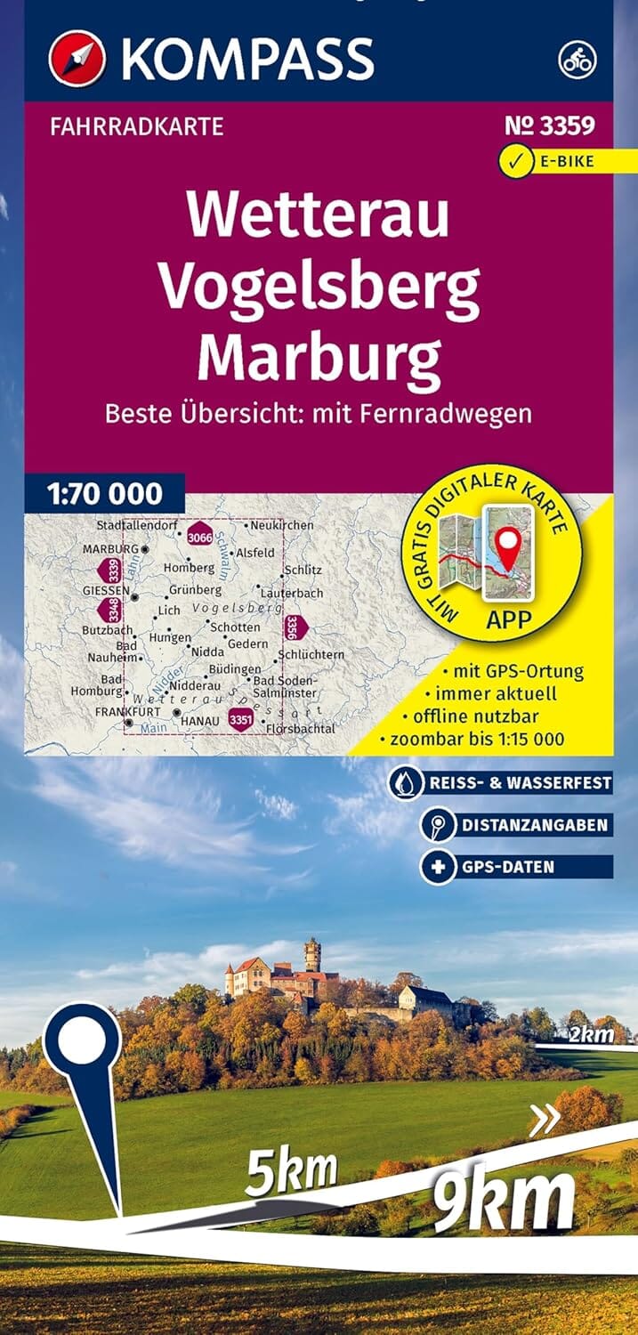 Carte cycliste n° F3359 - Wetterau, Vogelsberg, Marburg (Allemagne) | Kompass carte cycliste Kompass 