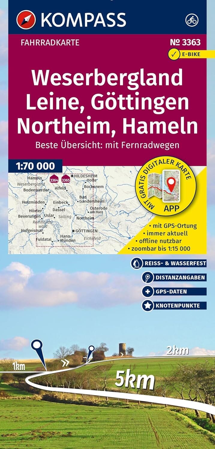 Carte cycliste n° F3363 - Weserbergland, Leine, Göttingen, Northeim, Hameln (Allemagne) | Kompass carte cycliste Kompass