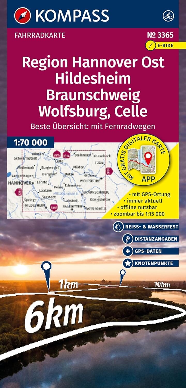 Carte cycliste n° F3365 - Région Hanovre Est, Hildesheim, Brunswick, Wolfsburg & Celle | Kompass - 1:70 000 carte cycliste Kompass