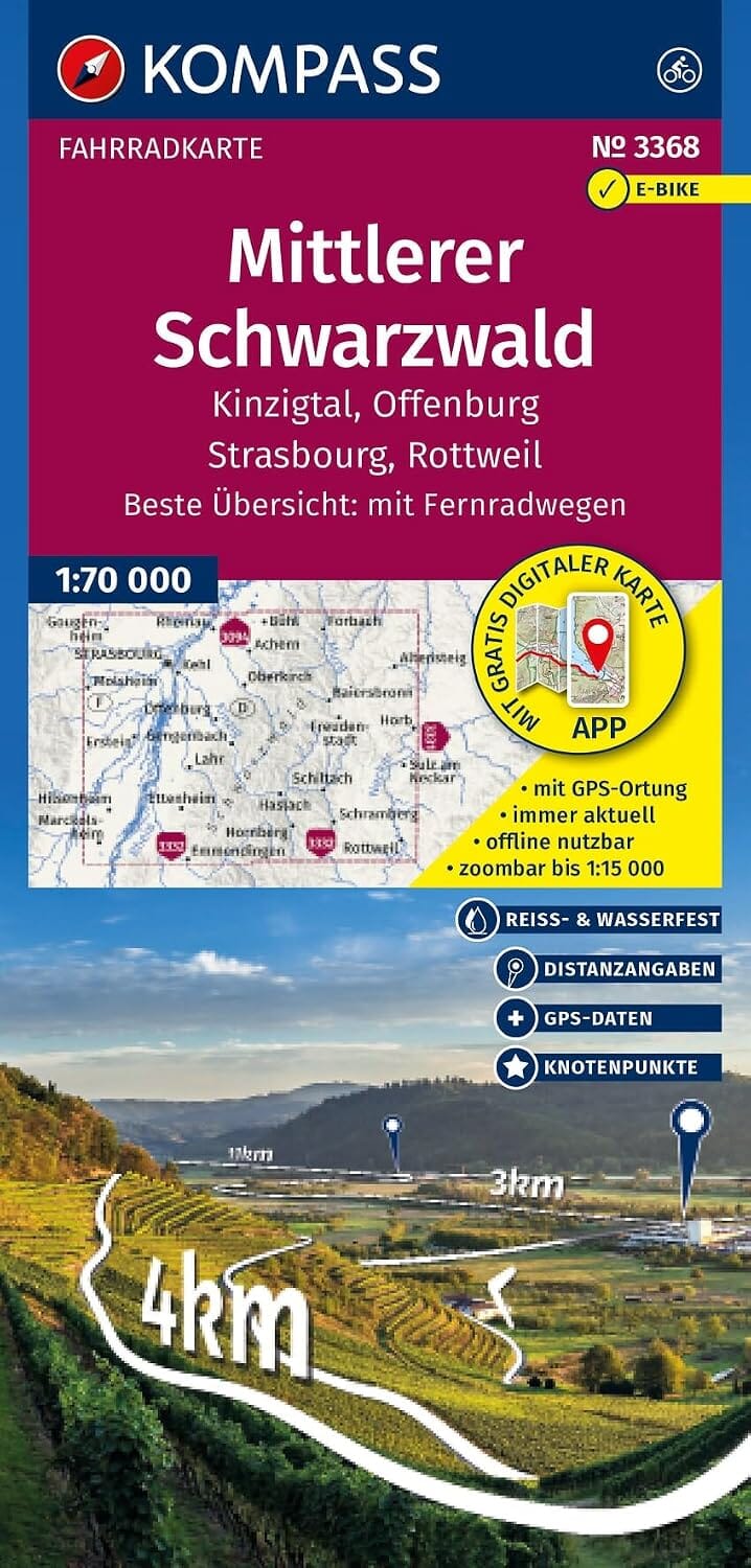 Carte cycliste n° F3368 - Forêt-Noire centrale, vallée de la Kinzig, Offenburg & Strasbourg | Kompass – 1:70 000 carte cycliste Kompass 