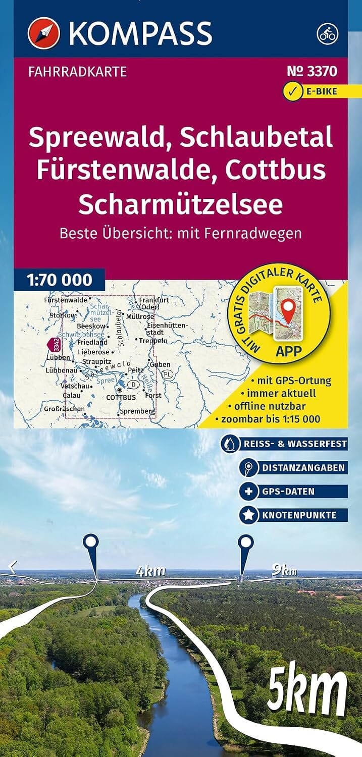Carte cycliste n° F3370 - Spreewald, vallée de la Schlaube, Fürstenwalde, Cottbus & Scharmützelsee (Allemagne) | Kompass carte cycliste Kompass 