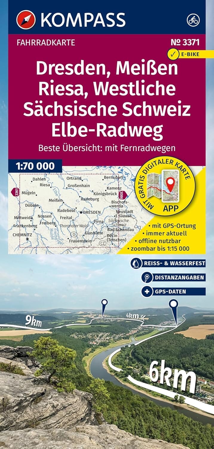 Carte cycliste n° F3371 - Dresden, Meißen, Riesa, Westliche Sächsische Schweiz, Elbe Radweg (Allemagne) | Kompass carte cycliste Kompass 