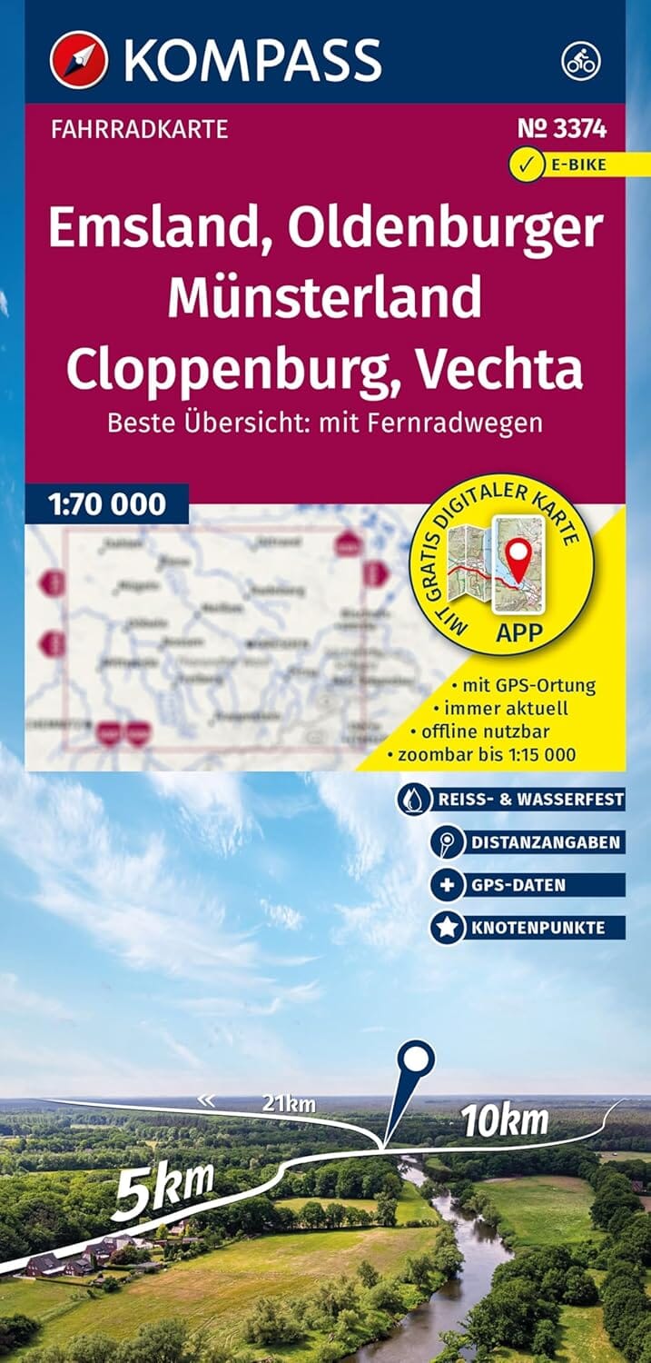 Carte cycliste n° F3374 - Emsland, Oldenburge Münsterland, Cloppenburg, Vechta | Kompass carte cycliste Kompass 