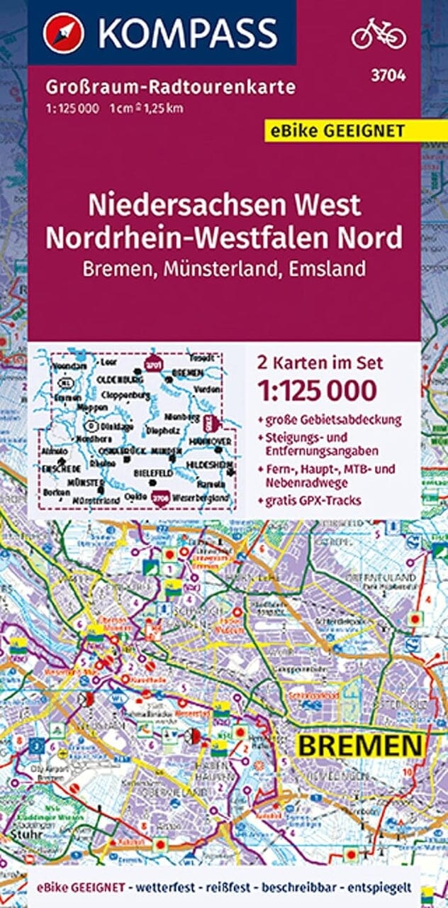 Carte cycliste n° F3704 - Niedersachsen West, Nordrhein-Westfalen Nord 2-in-1 map set | Kompass carte cycliste Kompass 
