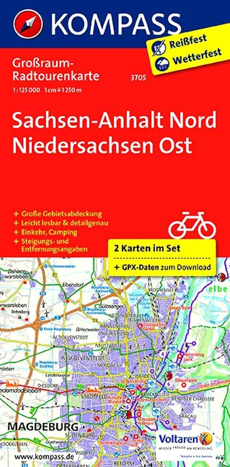Carte cycliste n° F3705 - Sachsen-Anhalt Nord - Niedersachsen Ost 2-in-1 map set | Kompass carte cycliste Kompass 