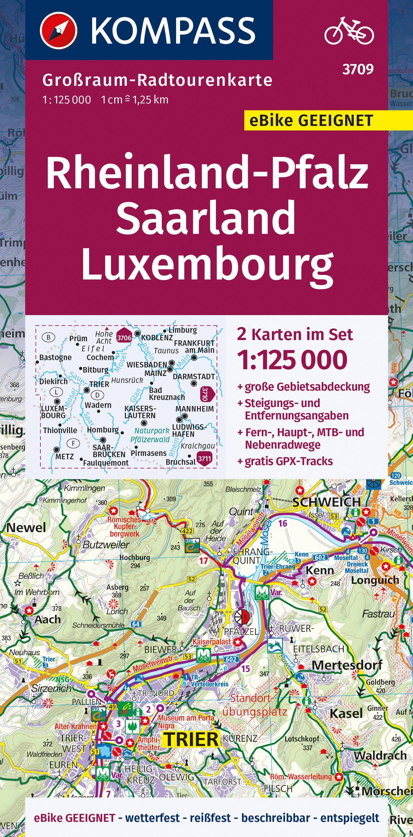 Carte cycliste n° F3709 - Rheinland-Pfalz, Sarre, Luxembourg | Kompass carte cycliste Kompass