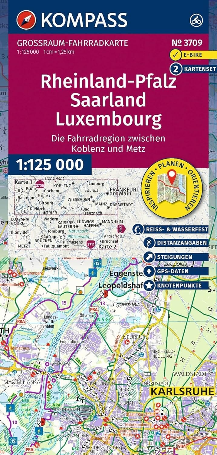 Carte cycliste n° F3709 - Rhénanie-Palatinat, Sarre, Luxembourg | Kompass carte cycliste Kompass 