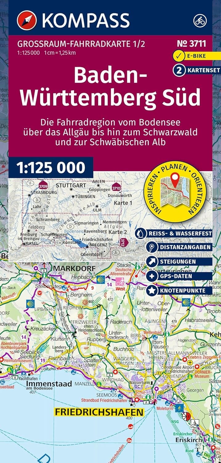 Carte cycliste n° F3711- Baden-Württemberg Sud (Allemagne) | Kompass carte cycliste Kompass 
