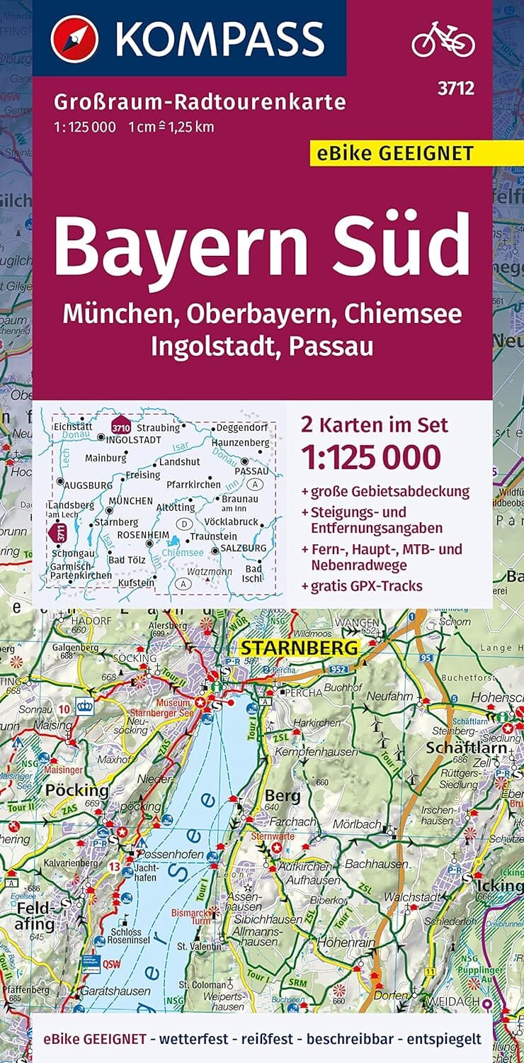 Carte cycliste n° F3712 - Bavière Sud, Haute-Bavière, Chiemsee, Ingolstadt, Passau, Munich (Allemagne) | Kompass carte cycliste Kompass