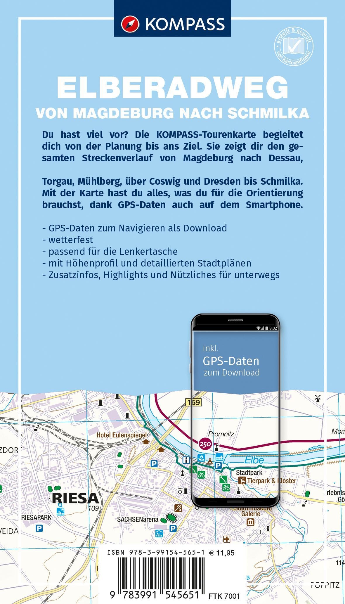 Carte cycliste n° F7001 - Piste cyclable de l'Elbe, Schmilka-Magdebourg (Allemagne) | Kompass carte cycliste Kompass 