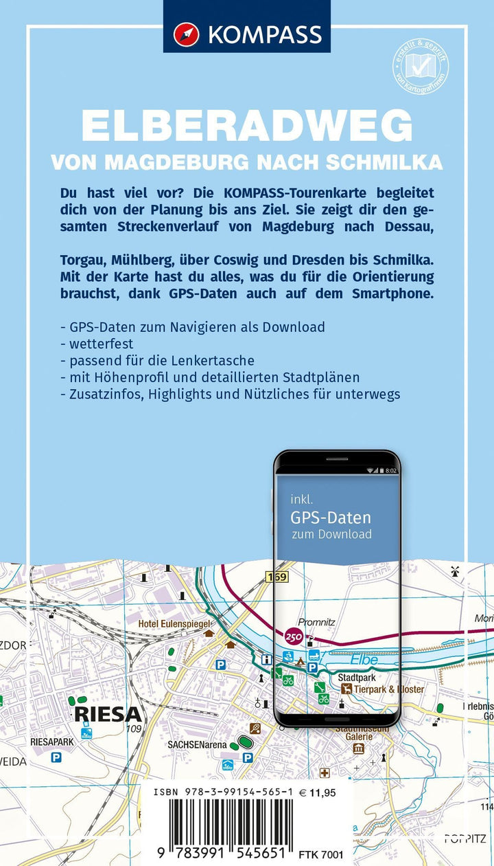 Carte cycliste n° F7001 - Piste cyclable de l'Elbe, Schmilka-Magdebourg (Allemagne) | Kompass carte cycliste Kompass 