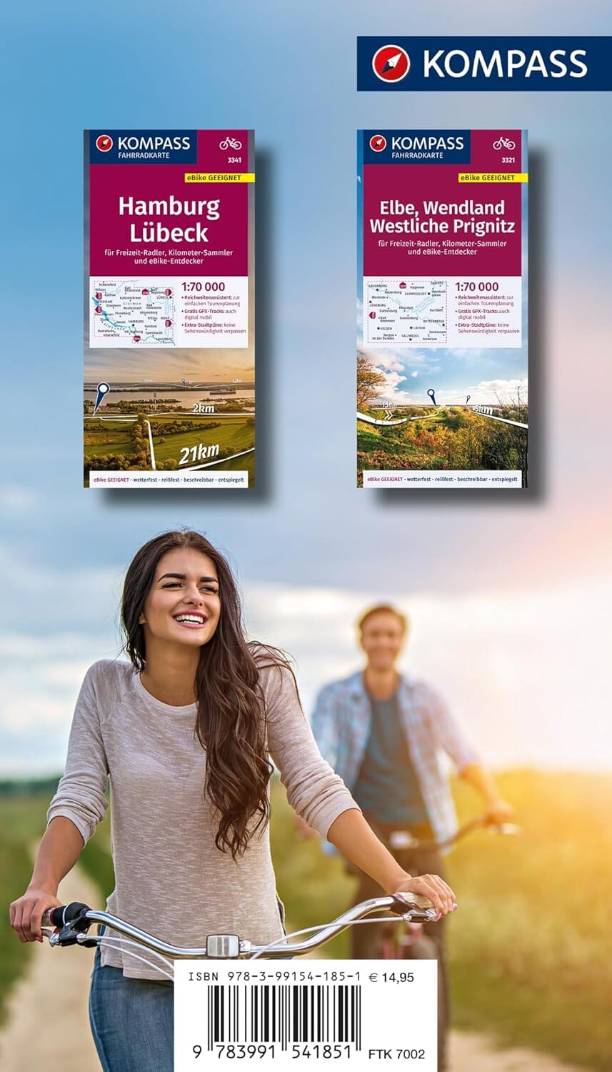 Carte cycliste n° F7002 - Piste cyclable de l'Elbe / Elberadweg, Cuxhaven-Magdeburg (Allemagne) | Kompass carte cycliste Kompass 