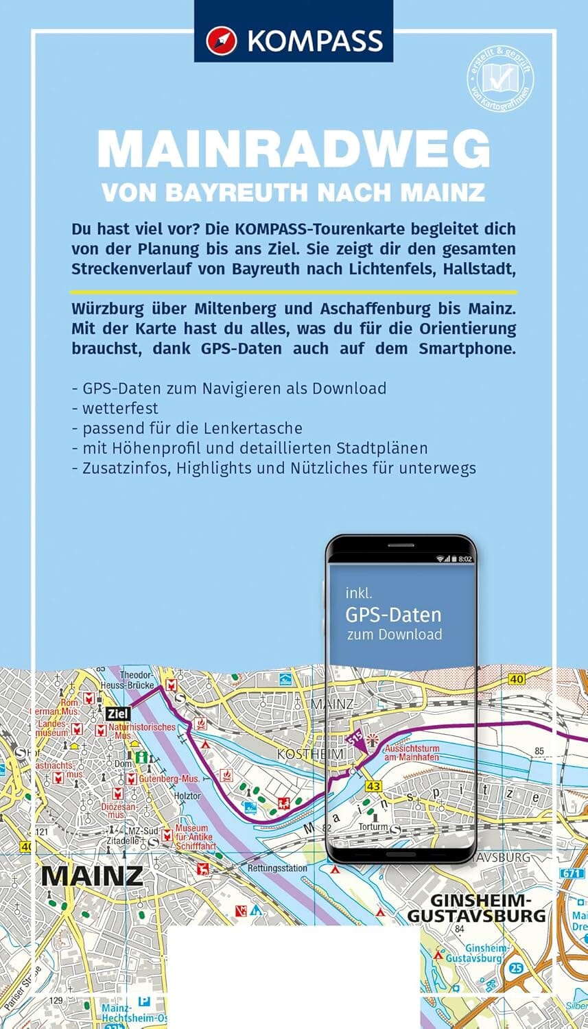 Carte cycliste n° F7003 - Mainradweg, Von Bayreuth nach Mainz | Kompass carte cycliste Kompass