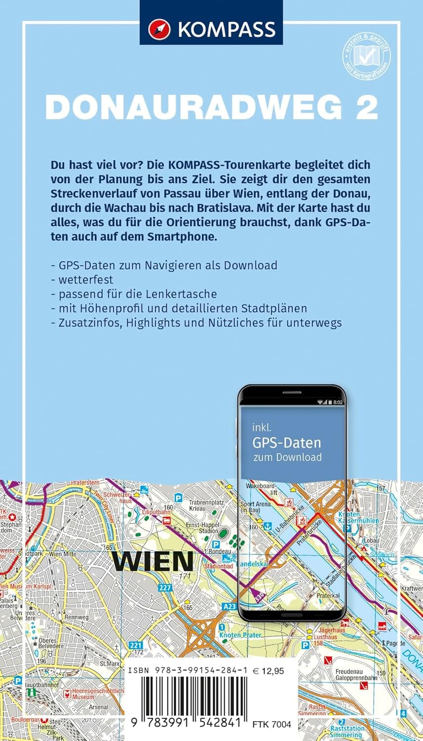 Carte cycliste n° F7004 - Donauradweg 2 / Piste cyclable du Danube, de Passau à Vienne (Allemagne, Autriche) | Kompass carte cycliste Kompass