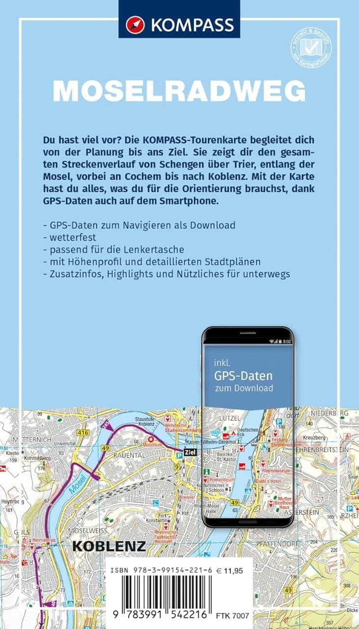 Carte cycliste n° F7007 - Piste cyclable de la Moselle | Kompass carte cycliste Kompass