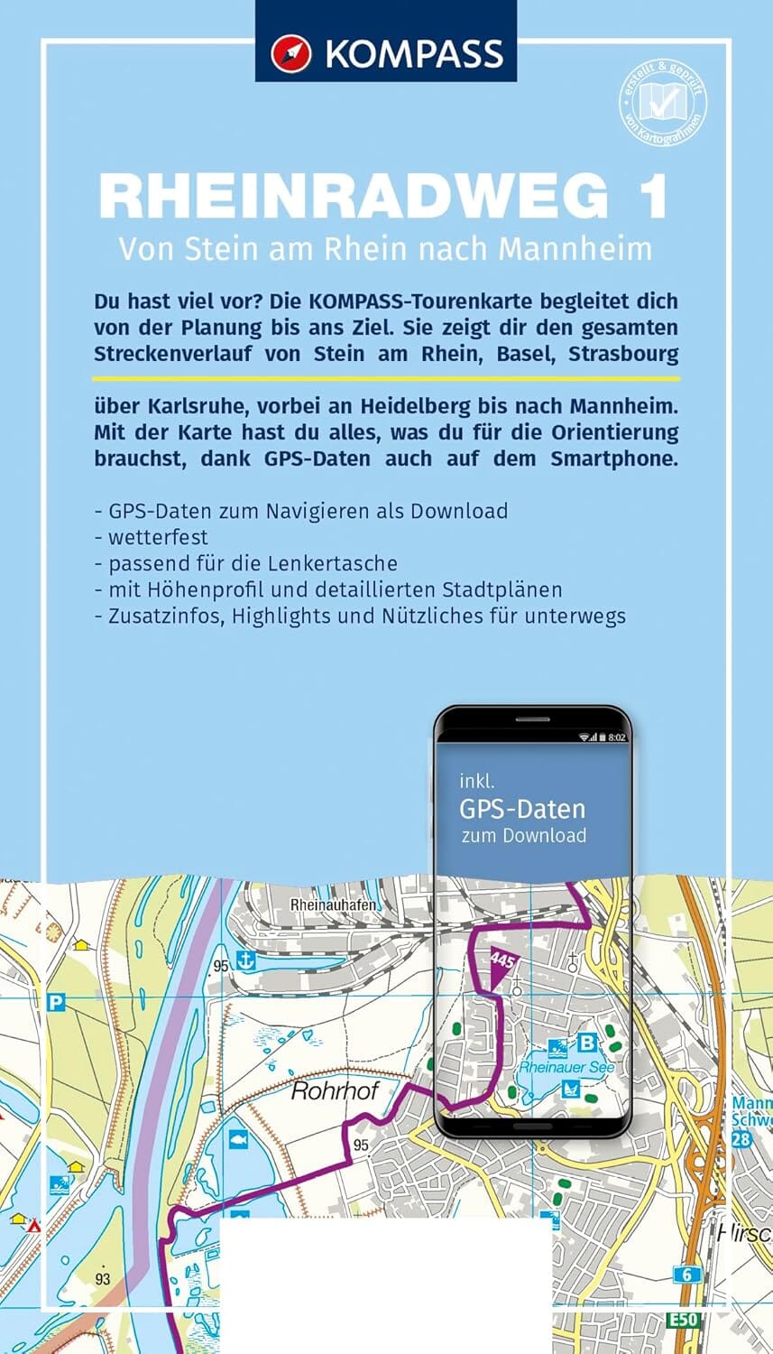 Carte cycliste n° F7008 - Piste cyclable du Rhin 1, de Stein am Rhein à Mannheim / Eurovélo 15 (Allemagne) | Kompass carte cycliste Kompass