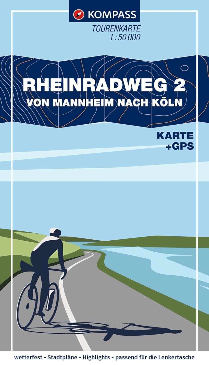 Carte cycliste n° F7012 - Piste cyclable du Rhin 2, de Mannheim à Cologne (Allemagne) | Kompass carte cycliste Kompass 