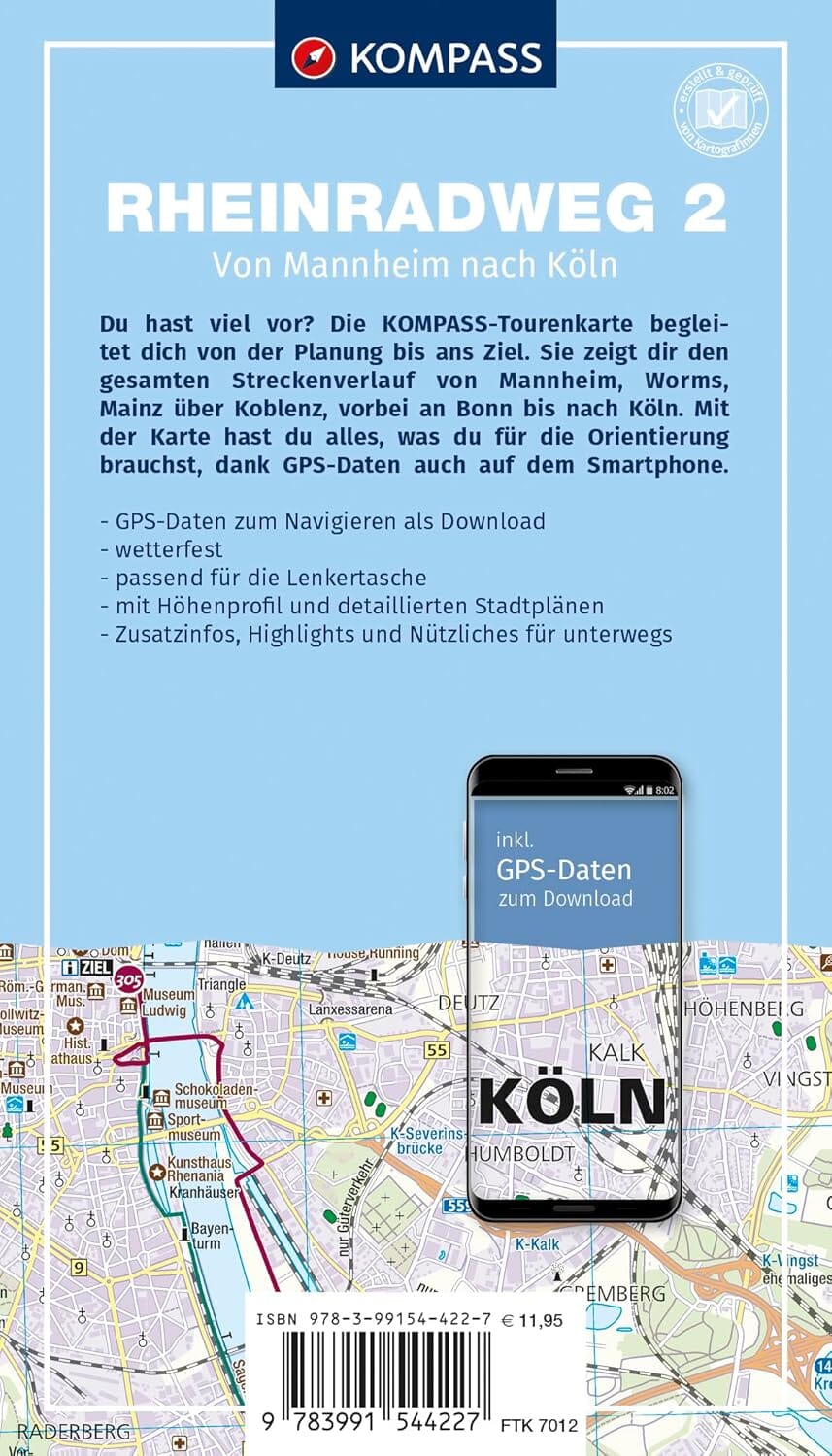 Carte cycliste n° F7012 - Piste cyclable du Rhin 2, de Mannheim à Cologne (Allemagne) | Kompass carte cycliste Kompass 