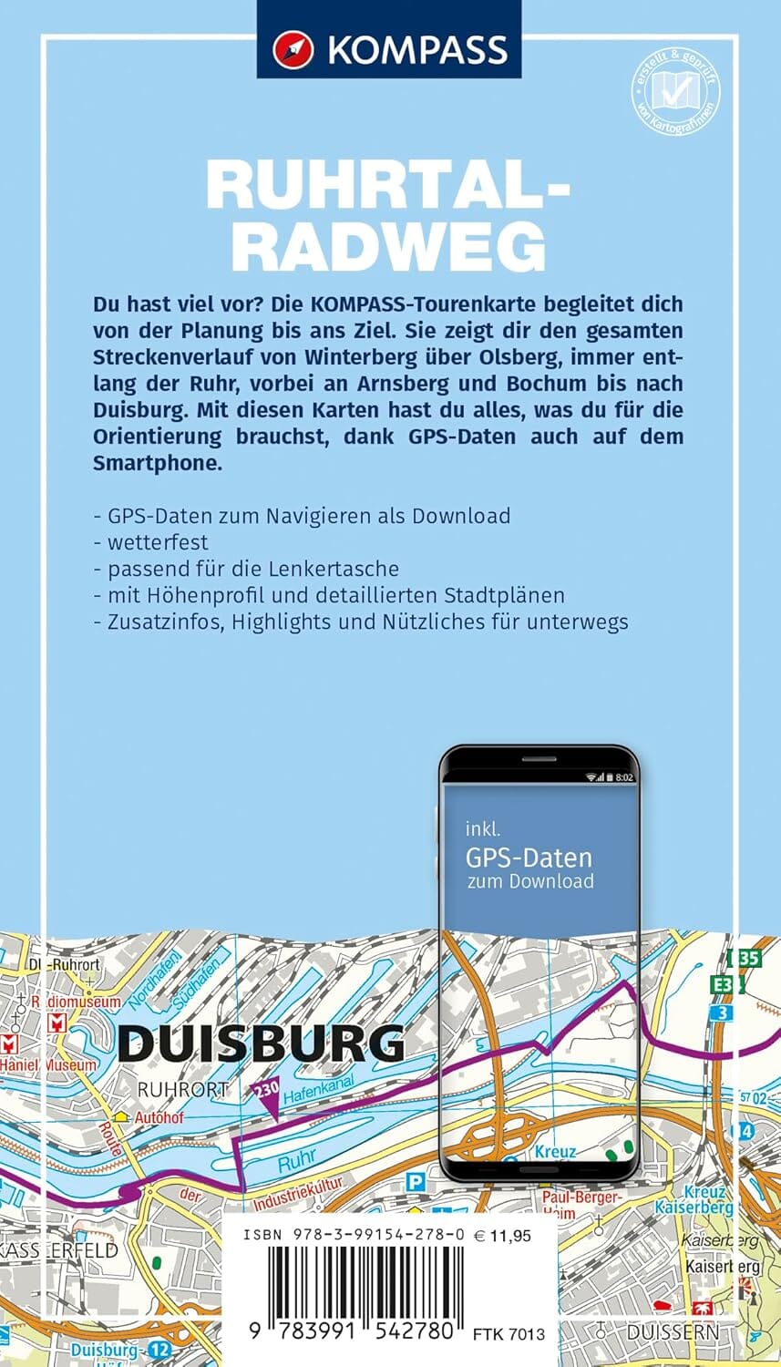 Carte cycliste n° F7013 - Piste cyclable de la vallée de la Ruhr / Ruhrtalradweg (Allemagne) | Kompass carte cycliste Kompass