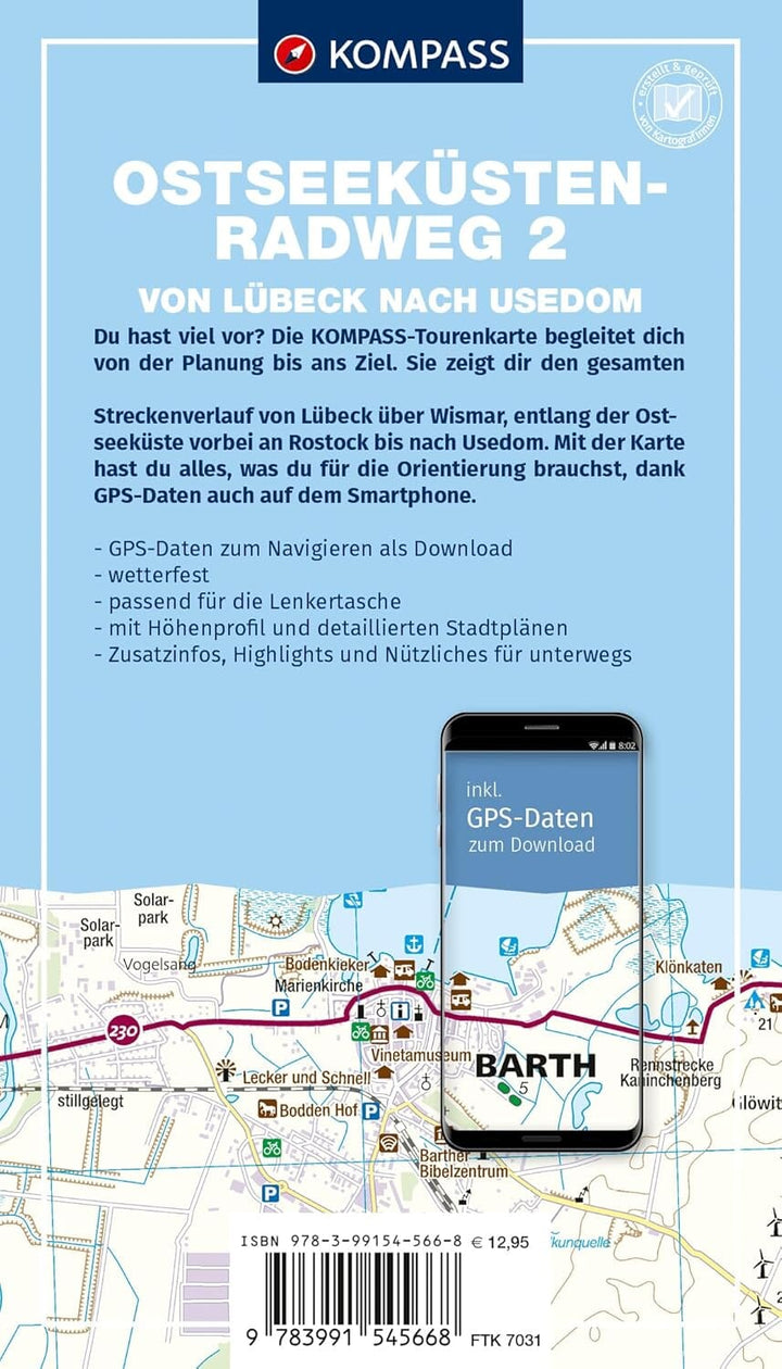 Carte cycliste n° F7031 - Piste cyclable de la Mer Baltique 2, de Lübeck à Usedom (Allemagne) | Kompass carte cycliste Kompass
