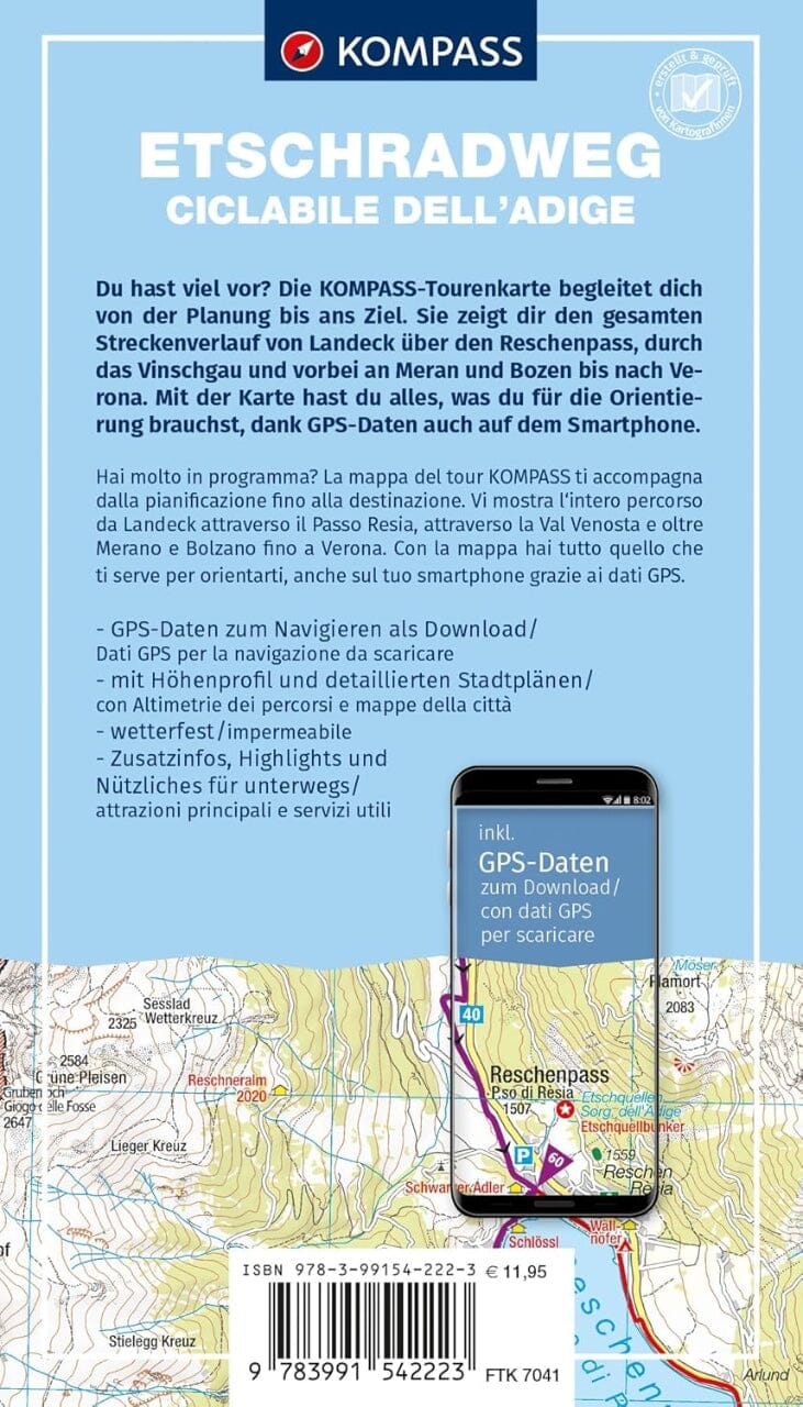 Carte cycliste n° F7041 - Piste cyclable de l'Adige / Etschradweg (Italie) | Kompass carte cycliste Kompass