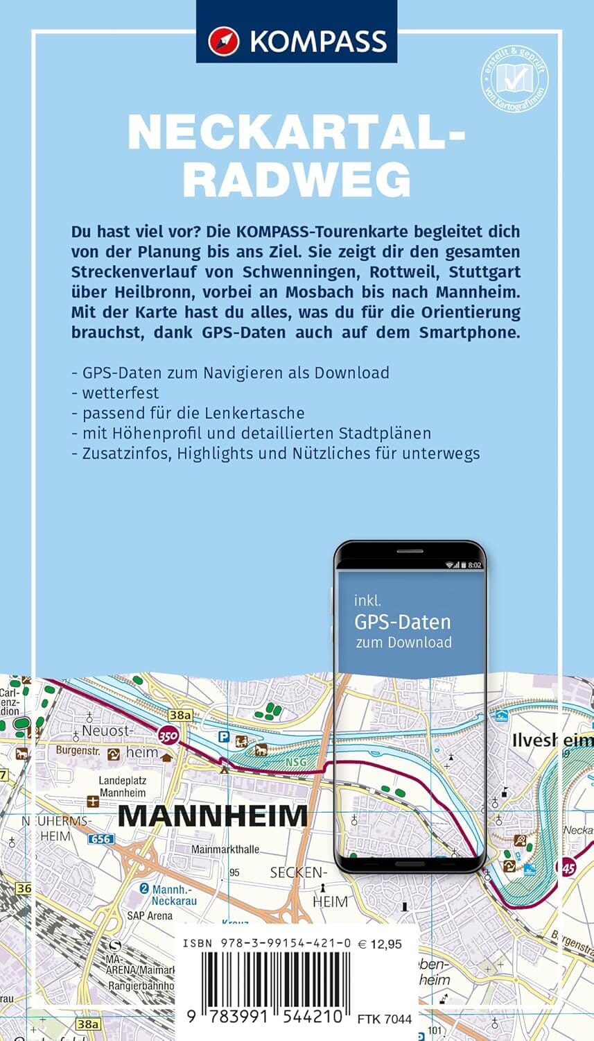 Carte cycliste n° F7044 - Neckartal-Radweg / Piste cyclable de la vallée du Neckar (Allemagne) | Kompass carte cycliste Kompass 