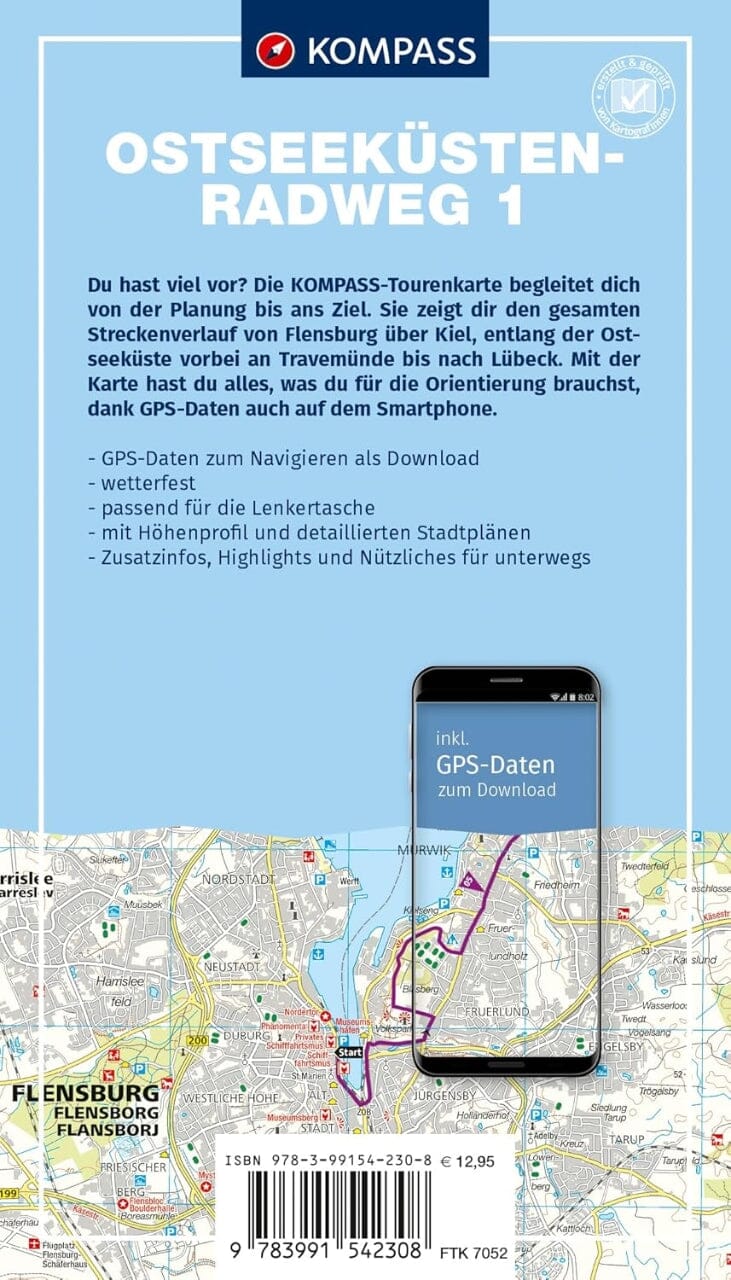 Carte cycliste n° F7052 - Piste cyclable de la côte de la mer Baltique 1, de Flensburg à Lübeck (Allemagne) | Kompass carte cycliste Kompass