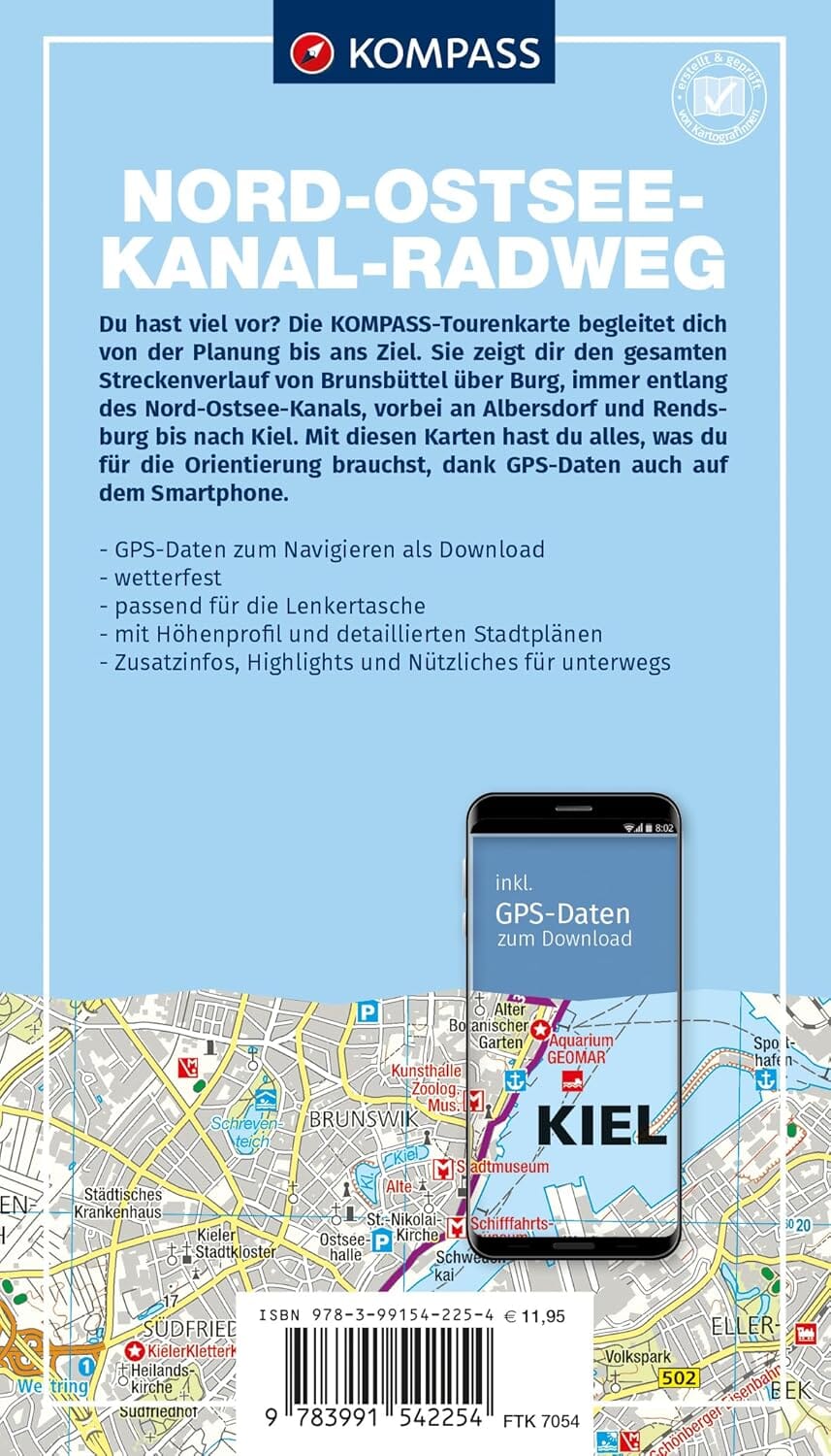 Carte cycliste n° F7054 - Nord-Ostsee-Kanal / Canal de Kiel (Allemagne) | Kompass carte cycliste Kompass 